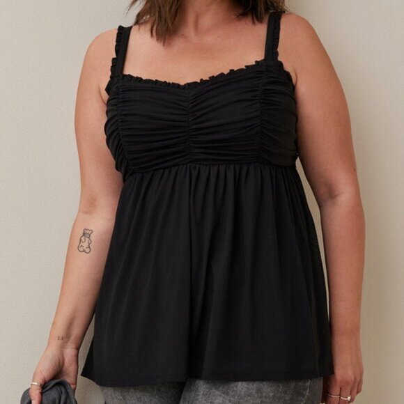 Black Torrid Babydoll Top Stretch Mesh Shirred Bodice Tank Size 3 Party … - Picture 2 of 8
